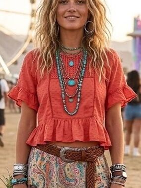 Knox Rose Crop Top Peasant Hippie Ruffle